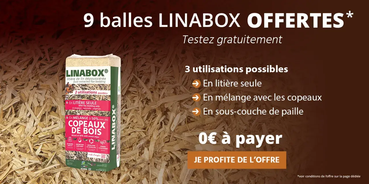 Offre spéciale : 9 balles de litière LINABOX pour chevaux, utilisable seule, en mélange avec copeaux ou en sous-couche de paille. Testez gratuitement !