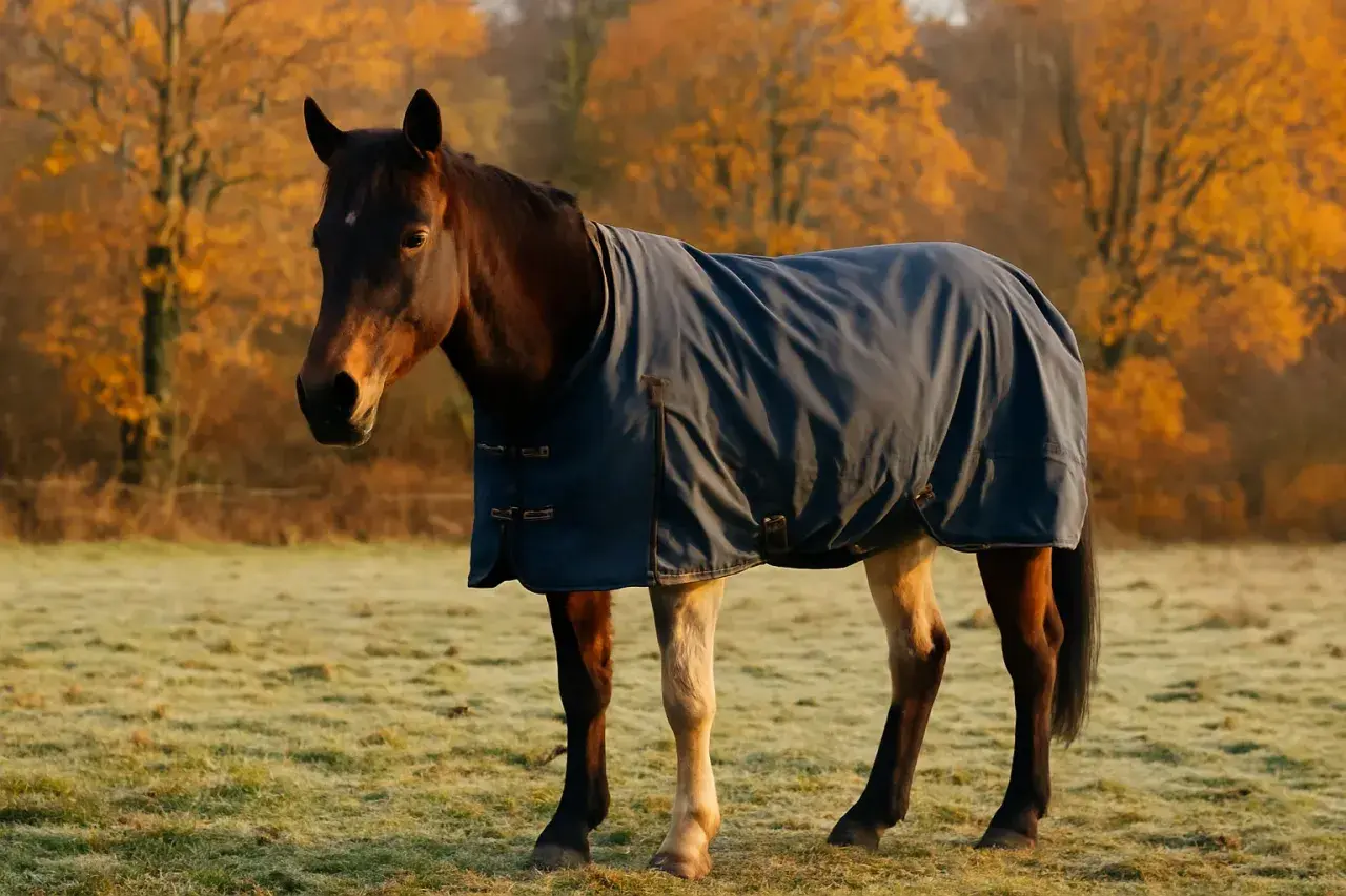 Cheval brun portant une couverture bleue dans un pré brumeux, avec des arbres aux feuilles d'automne dorées en arrière-plan. La tonte cheval au pré est terminée.