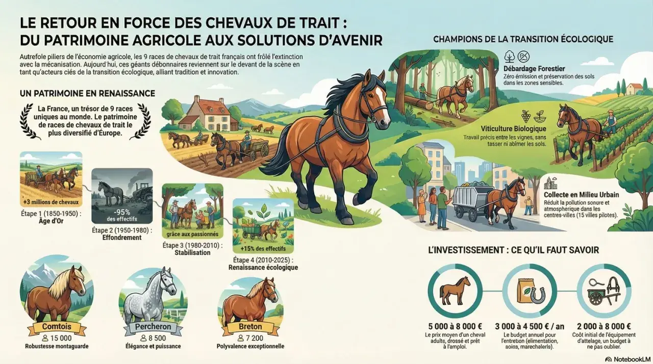 Un cheval de trait brun, harnaché, au centre d'une illustration montrant son retour dans l'agriculture et la transition écologique.