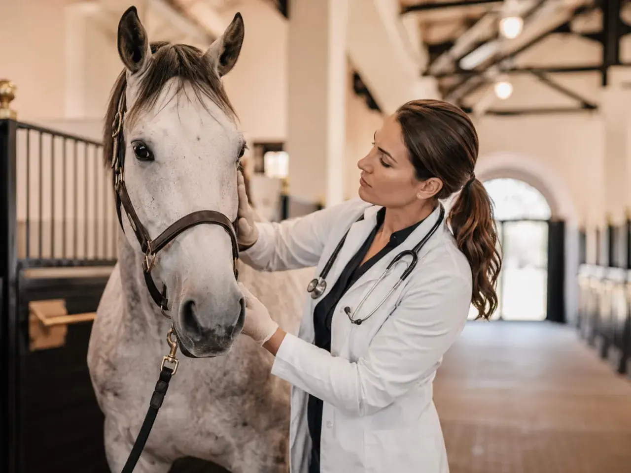 Vétérinaire examinant un cheval dans une écurie, respectant la réglementation pension pour chevaux.