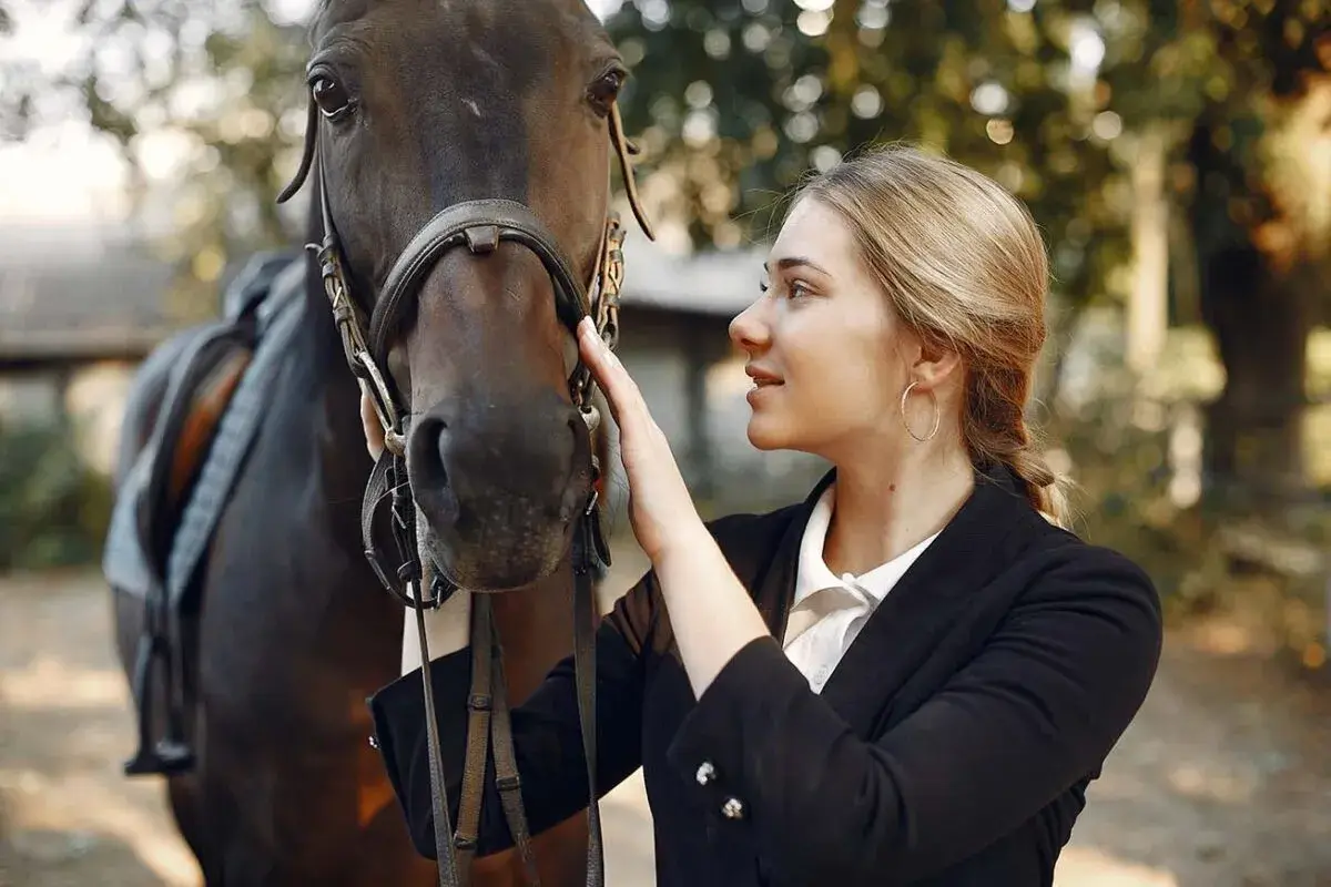 Une jeune femme caresse un cheval, prête pour le sport équestre.