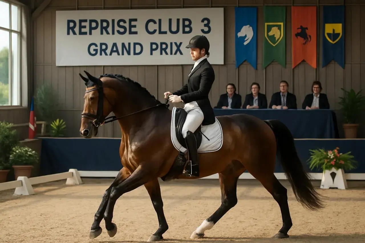 Cavalier en tenue de concours, effectuant une figure de **serpentine équitation** devant des juges.