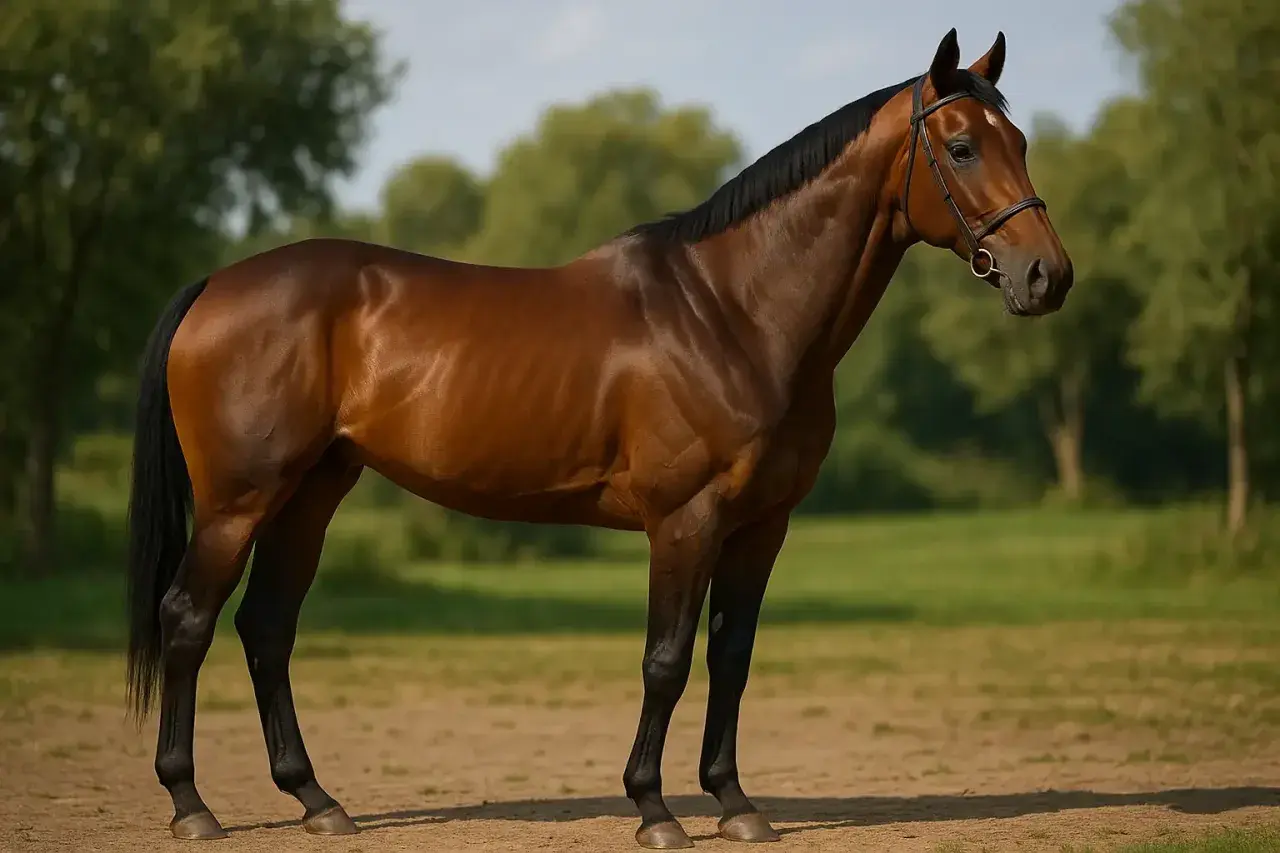 Un magnifique cheval pur sang brun, musclé et fier, se tient dans un pré verdoyant sous un ciel bleu.