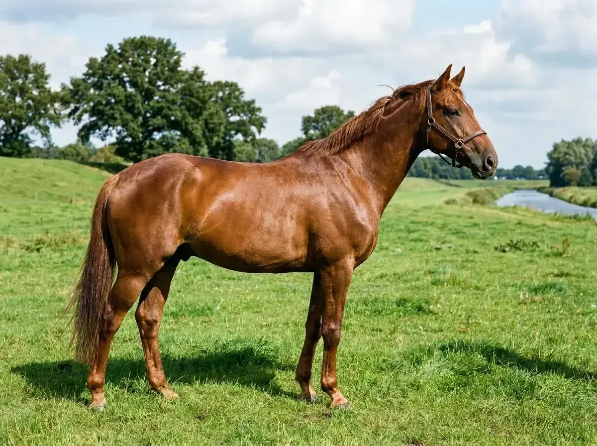 Un magnifique cheval westphalien, robe alezane, se tient dans un pré verdoyant, près d'une rivière.