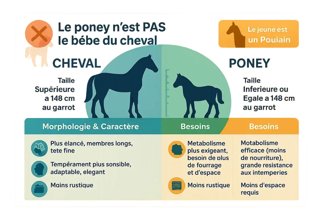 Comparaison cheval/poney : taille (supérieure/inférieure à 148 cm au garrot), morphologie, caractère et besoins. Le poney n'est pas un bébé cheval.
