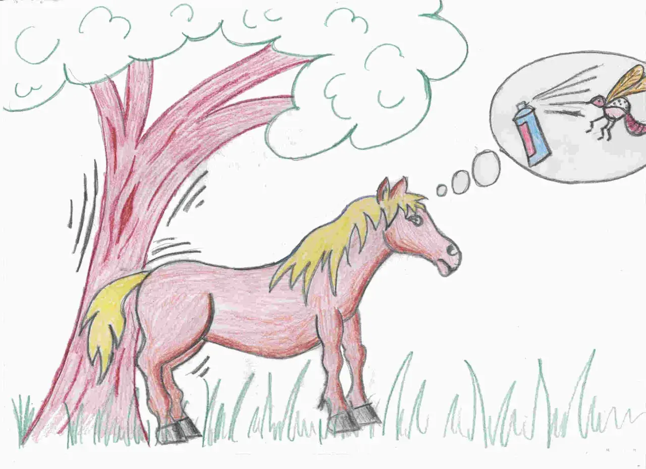 Un cheval qui gratte le sol, sous un arbre, rêve d'un moustique qui se fait pulvériser.