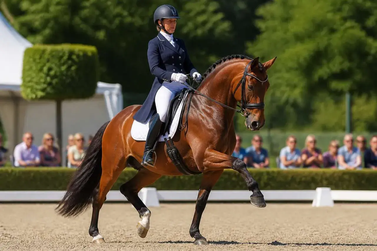 Une cavalière exécute une figure de manège avec son cheval bai. Le couple est en mouvement, le cheval lève une patte avant.