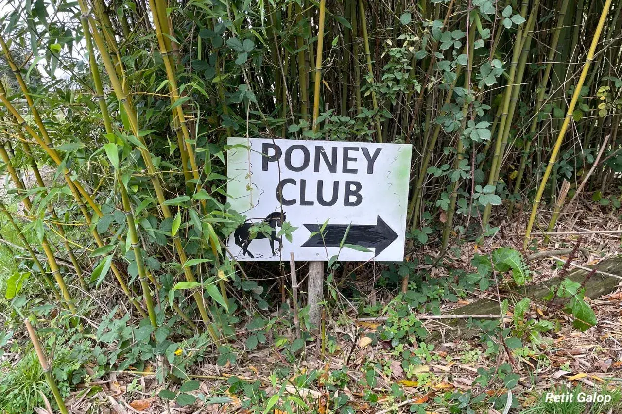 Panneau "Poney Club" avec un poney et une flèche, indiquant la direction. C'est la définition d'un centre équestre pour les plus jeunes.