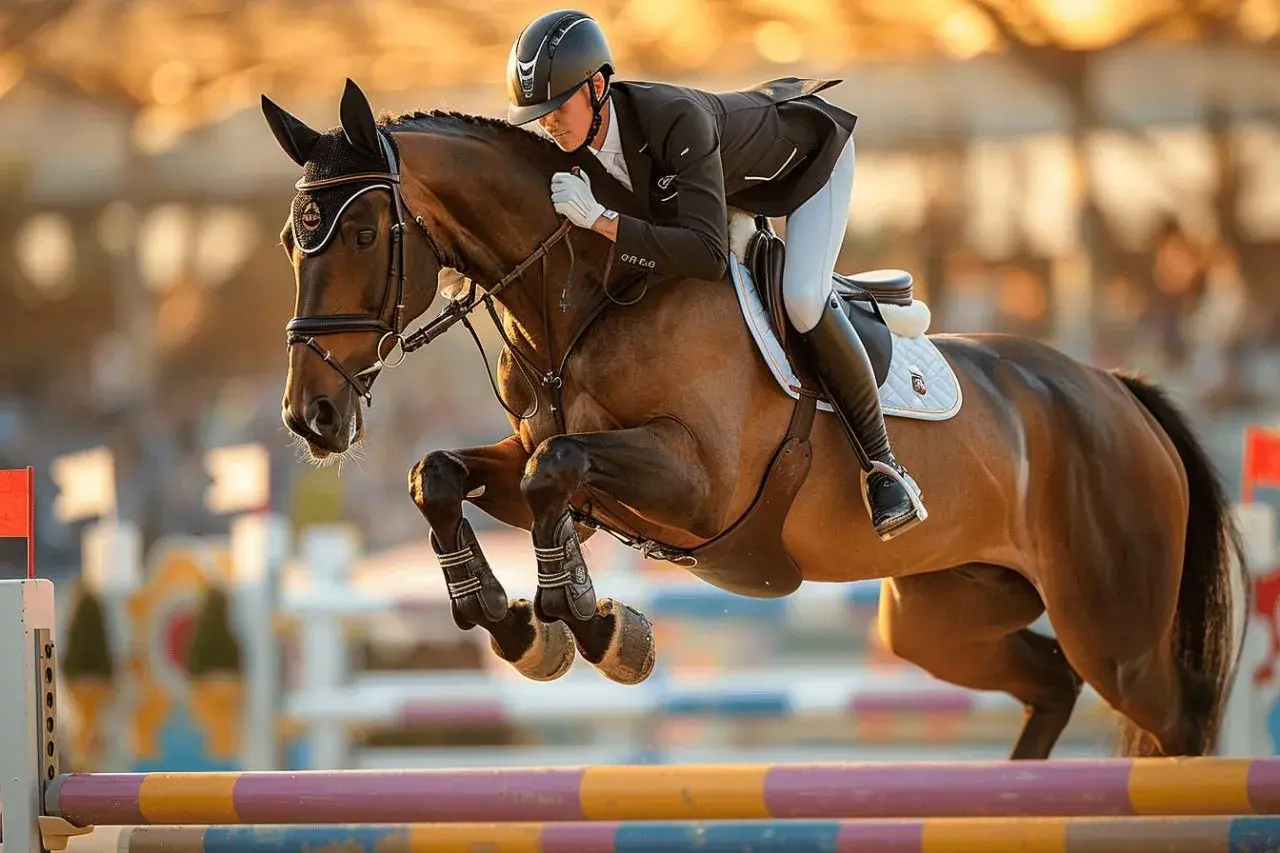 Un cavalier et son cheval bondissent par-dessus un obstacle. Est-ce que l'équitation est un sport ? Absolument, cela demande force, agilité et confiance.
