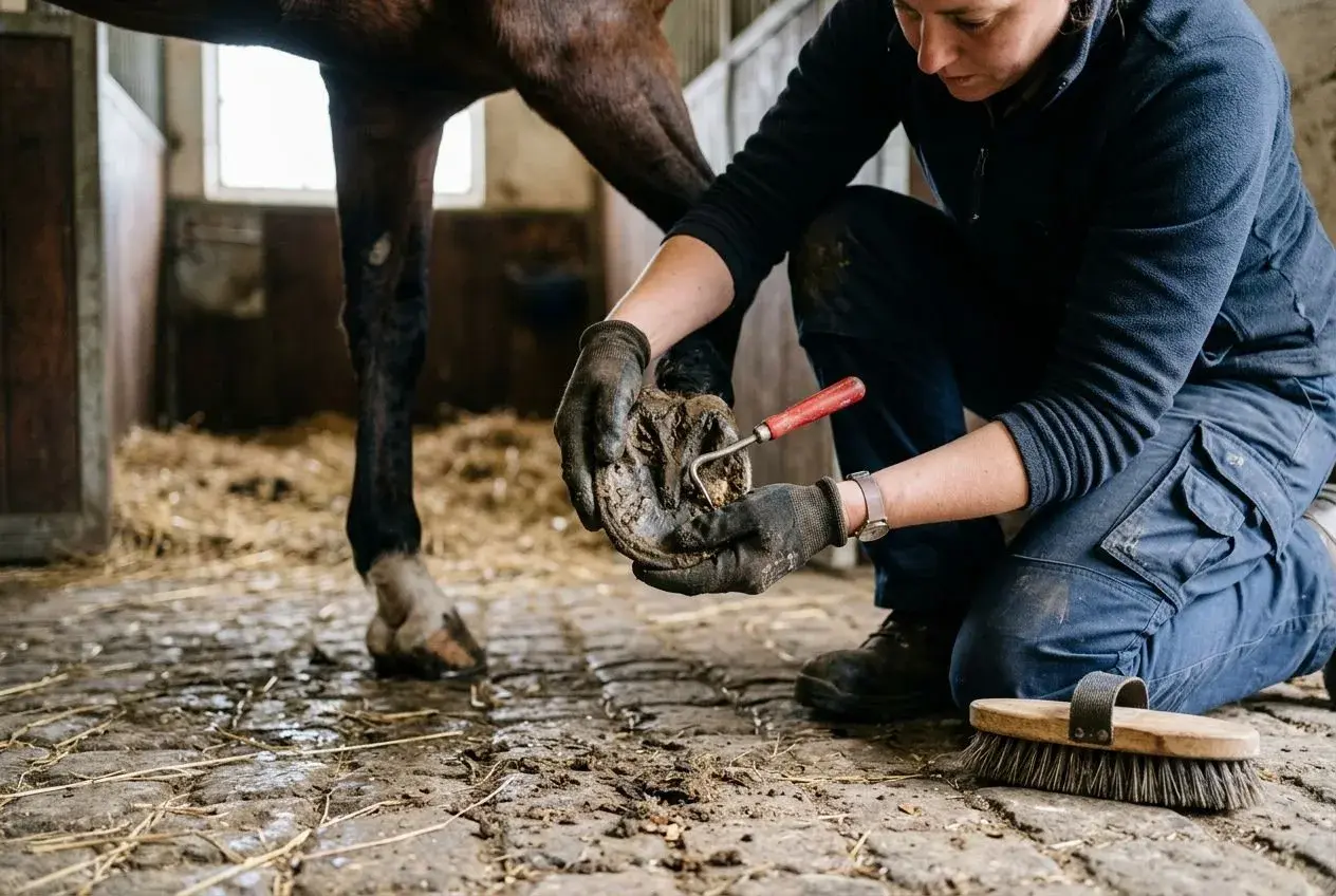 Une personne nettoie le sabot d'un cheval avec un cure-pied dans une écurie.