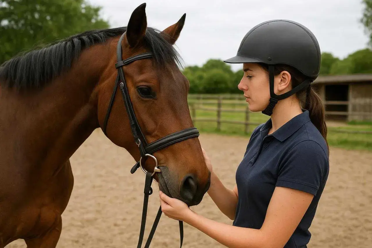 Une cavalière en casque noir caresse la tête d'un cheval bai. Le mécanisme du trot galop 3 est essentiel pour leur harmonie.
