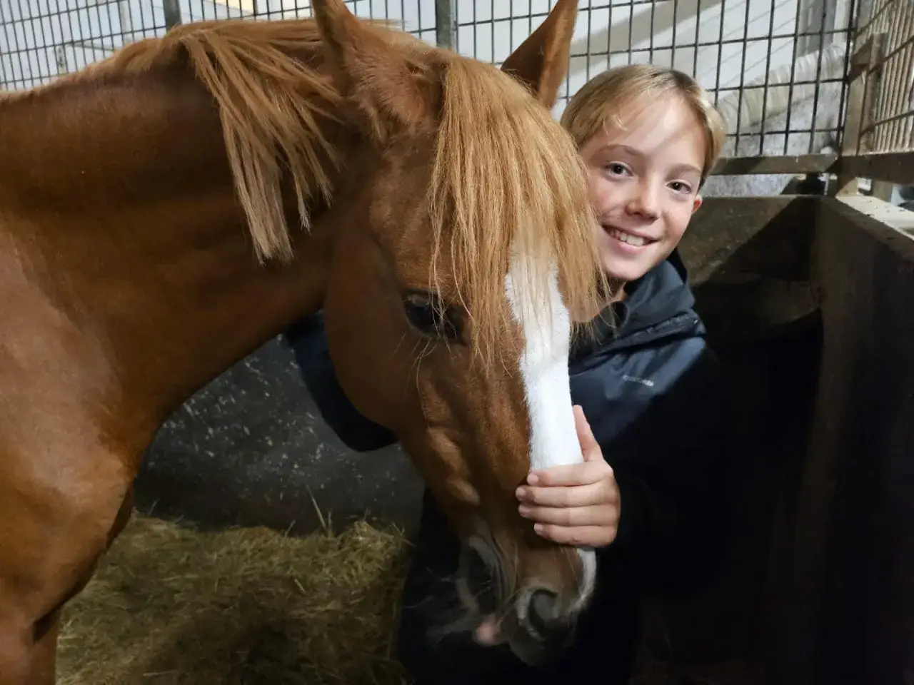 Un jeune garçon souriant pose avec son cheval dans une écurie de propriétaire.