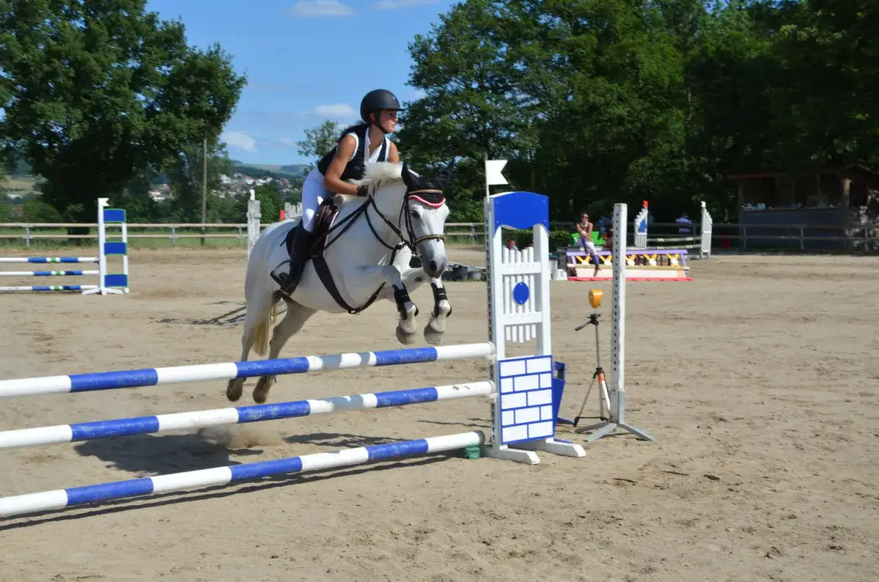 Une cavalière et son cheval blanc sautent un obstacle lors d'une compétition de cso équitation.