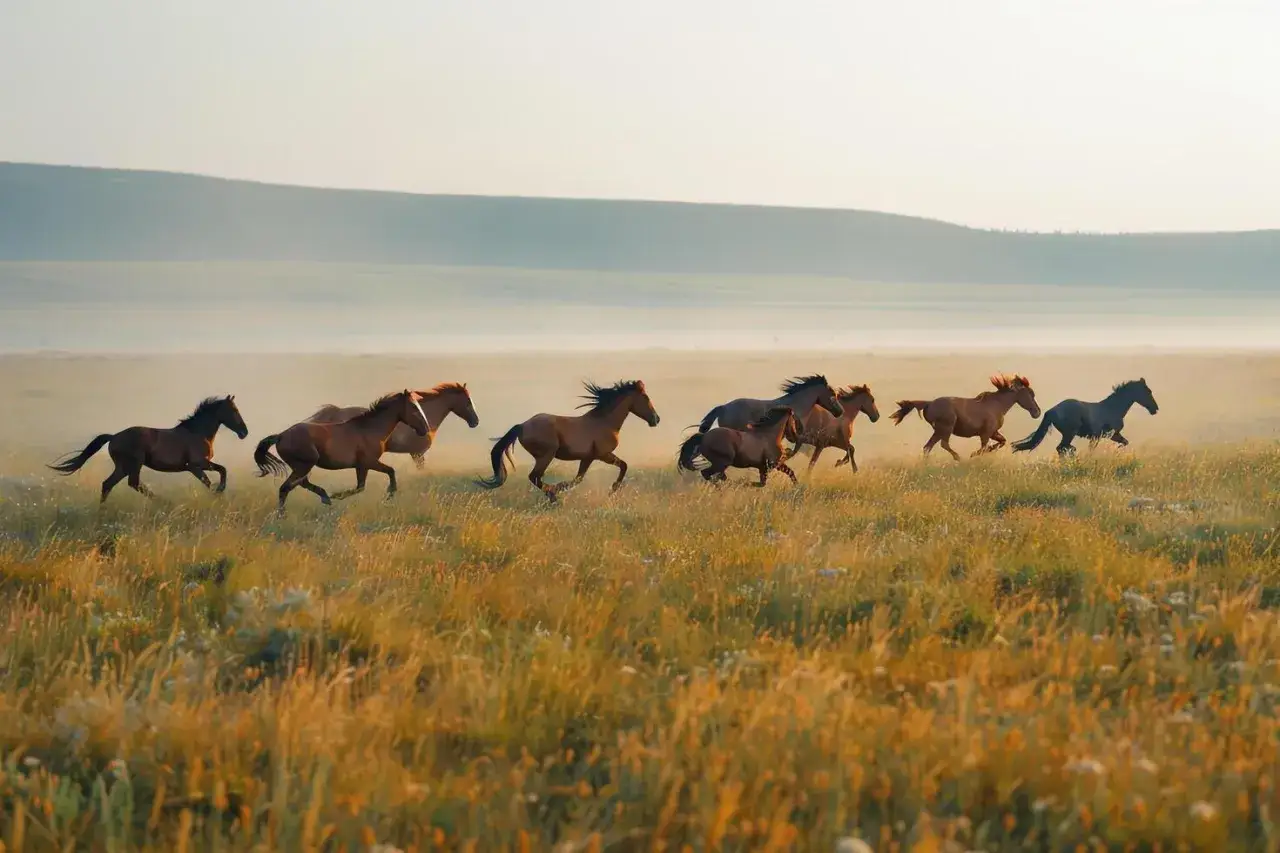 Un troupeau de chevaux mustang galope dans une prairie dor&eacute;e au lever du soleil, leurs crini&egrave;res flottant au vent.