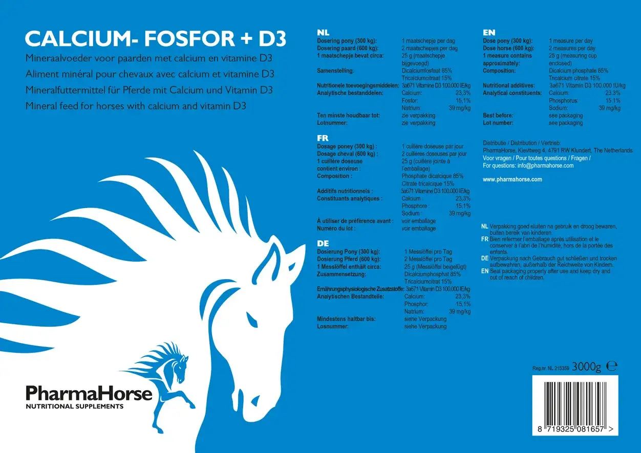 Aliment minéral pour chevaux, riche en calcium et phosphore, avec vitamine D3. Aide à la santé osseuse et dentaire des équidés.