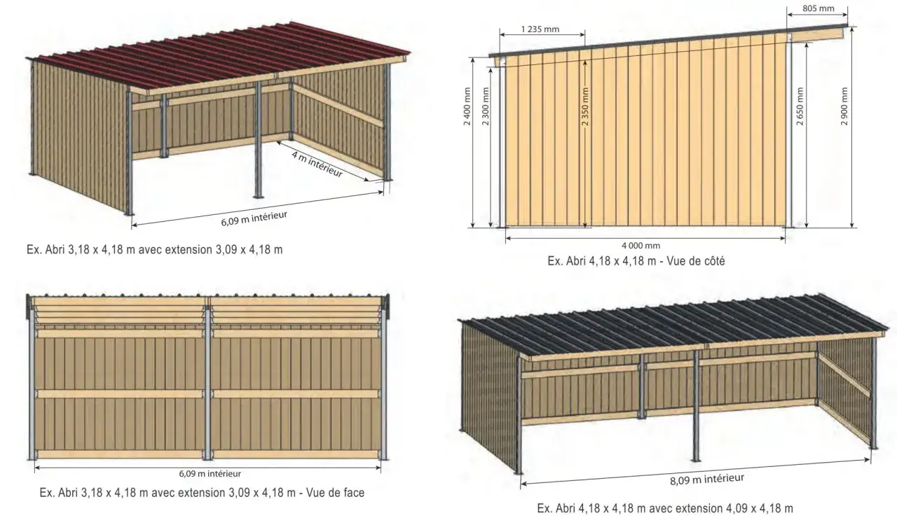 Plan d'un abri pour cheval, avec dimensions et vues de face, de c&ocirc;t&eacute; et en perspective. Id&eacute;al pour un box.