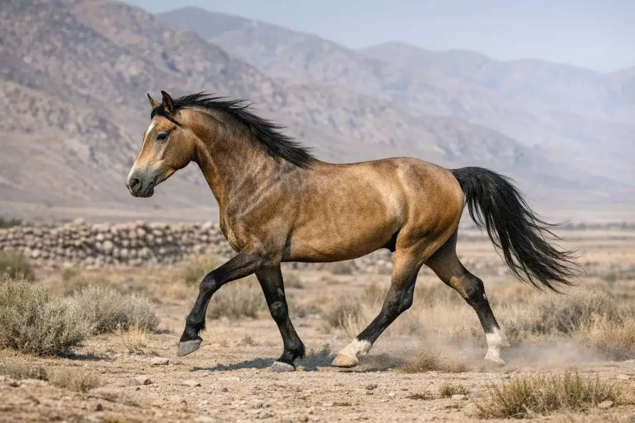 Un majestueux cheval Marwari, crinière au vent, galope dans un paysage aride, soulevant la poussière.