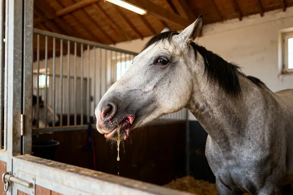 Un cheval gris dans son box, la bouche ensanglant&eacute;e et couverte de pus, souffrant de gourme.