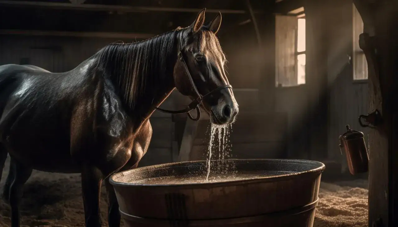 Un cheval brun boit dans un abreuvoir en bois. L'eau coule de sa bouche. On se demande combien boit un cheval par jour.