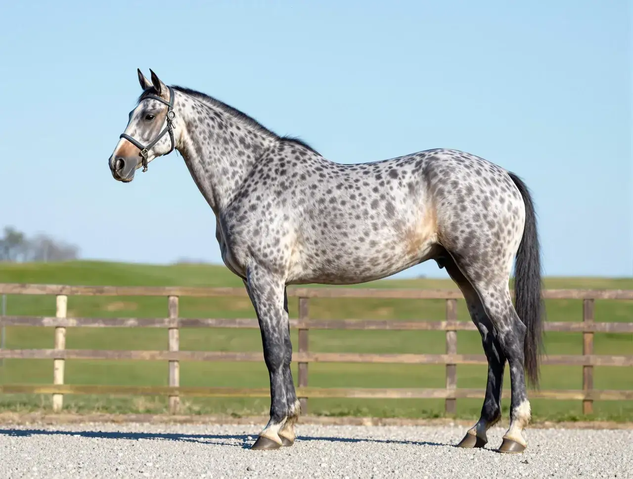 Un magnifique cheval de race fran&ccedil;aise, au pelage mouchet&eacute;, se tient fi&egrave;rement devant une cl&ocirc;ture en bois.