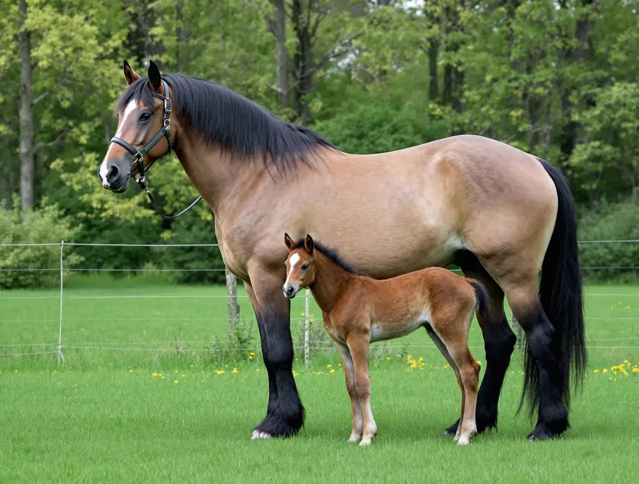 Une jument et son poulain, deux magnifiques sp&eacute;cimens d'une m&ecirc;me race de chevaux, se tiennent dans un pr&eacute; verdoyant.