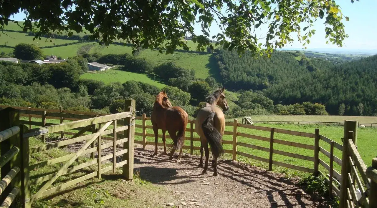 Deux chevaux dans un enclos, offrant une vue pittoresque sur la campagne vallonnée. Un lieu idéal pour la pratique de l'équitation, comme le suggère la définition d'un centre équestre.
