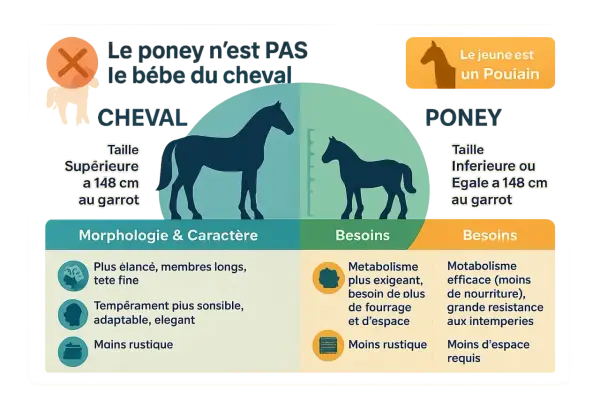Comparaison cheval/poney : taille (supérieure/inférieure à 148 cm au garrot), morphologie, caractère et besoins. Le poney n'est pas un bébé cheval.